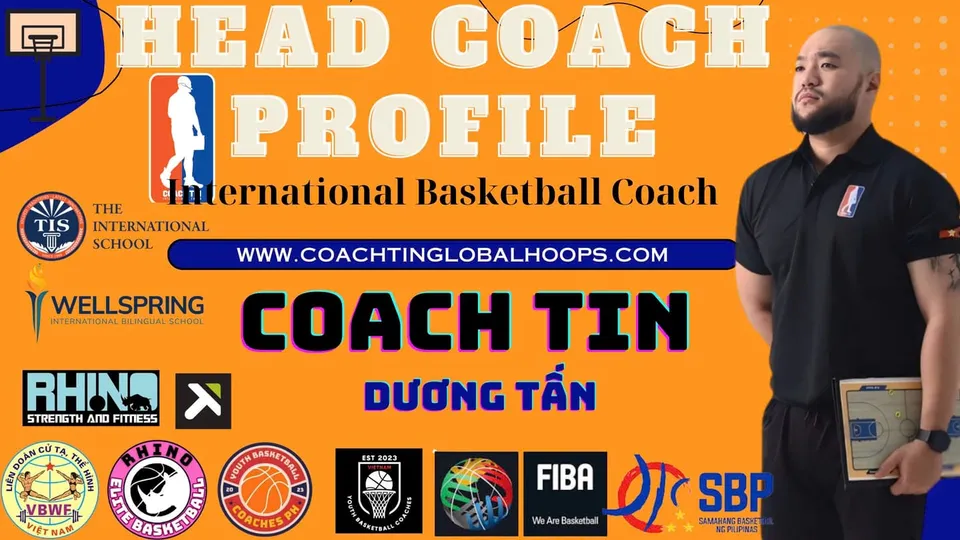 Thẻ hồ sơ: logo các trường và tổ chức đồng hành — The International School, Wellspring, Rhino Strength and Fitness, VBWF, Rhino Elite Basketball, Youth Basketball Coaches PH, FIBA và SBP.