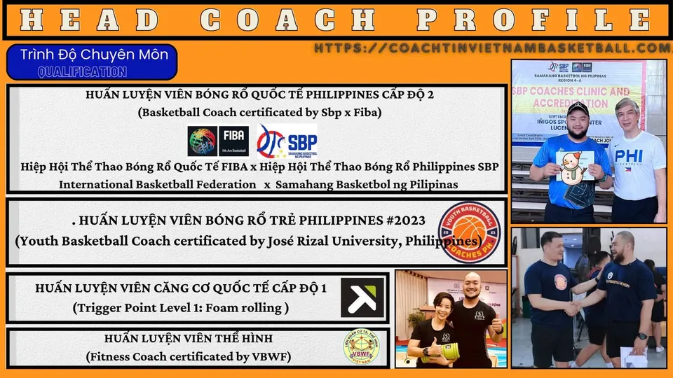 Thẻ hồ sơ: trình độ chuyên môn — huấn luyện viên bóng rổ quốc tế cấp 2 (SBP x FIBA), huấn luyện viên bóng rổ trẻ (Đại học José Rizal), căng cơ cấp 1 (TriggerPoint) và huấn luyện viên thể hình (VBWF).